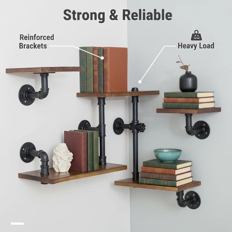 BIXIRAO Industrial Rustic Modern Wood Ladder Pipe Wall Mounted Floating Shelves - Set of 3 Bookshelf,DIY Storage Shelving,Hung Bracket,Bookcase (Set of 3 Ladder Shelves) - Image 2